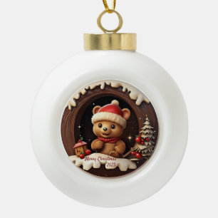 3D Niedlicher Teddybär mit Weihnachtsmannmütze Keramik Kugel-Ornament