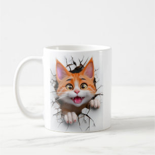 3D Orange-Weiße Katze Durchbricht Wand Kaffeetasse