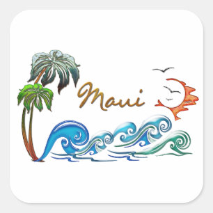 3d Palmen, Waves & Sunset MAUI Quadratischer Aufkleber