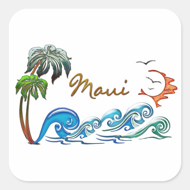 3d Palmen, Waves & Sunset MAUI Quadratischer Aufkleber (Vorderseite)