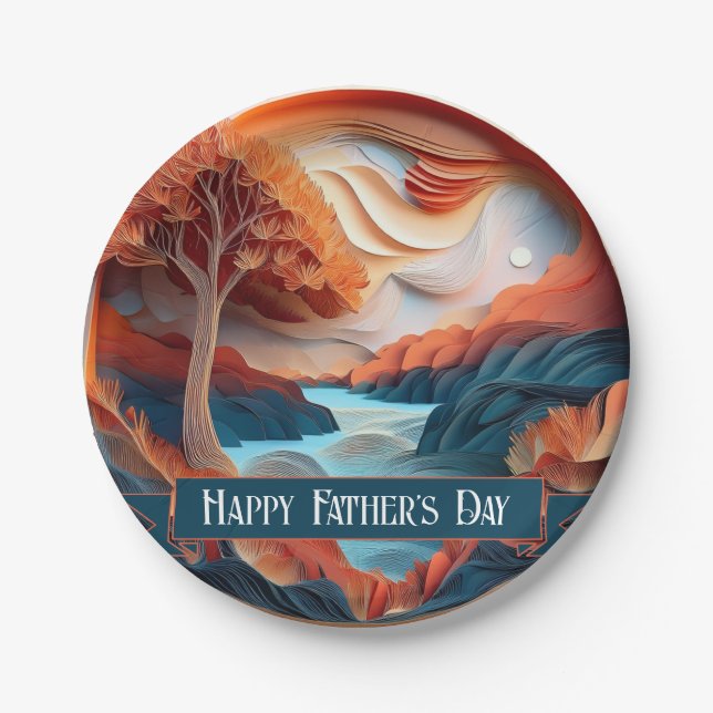 3D Paper Art Trees River Father's Day Pappteller (Vorderseite)