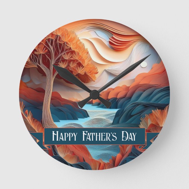 3D Paper Art Trees River Father's Day Runde Wanduhr (Vorderseite)