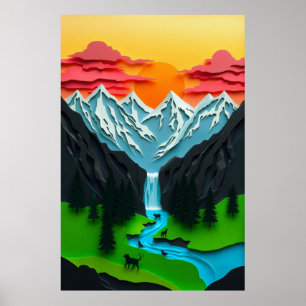 3D-Papierkunst Berglandschaft Poster