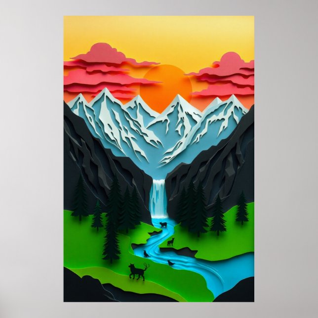 3D-Papierkunst Berglandschaft Poster (Vorne)