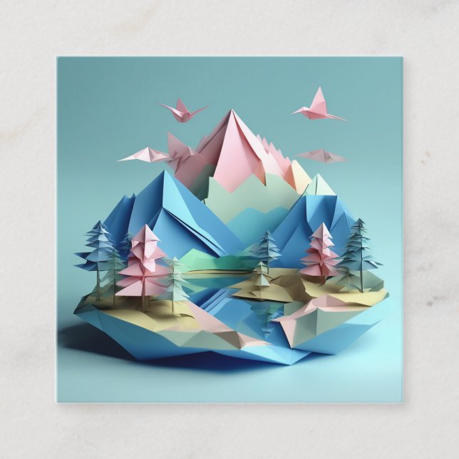 3D-Papierkunst, Seenlandschaft, Berge, Quadratische Visitenkarte (Vorderseite)