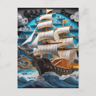 3D-Papierkunst, Segelschiff in stürmischen Ozeanen Feiertagspostkarte