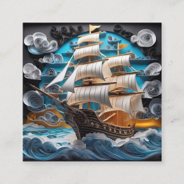 3D-Papierkunst, Segelschiff in stürmischen Ozeanen Quadratische Visitenkarte (Vorderseite)