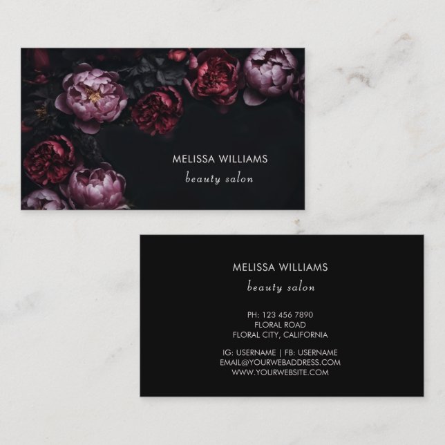 3D Purple Red Peonies Black Background Visitenkarte (Vorne/Hinten)
