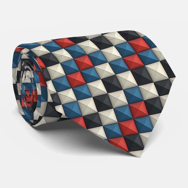 3D Pyramidal Geometric Pattern - Rot, Blau und Cre Krawatte (Gerollt)