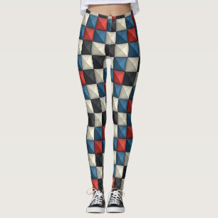 3D Pyramidal Geometric Pattern - Rot, Blau und Cre Leggings