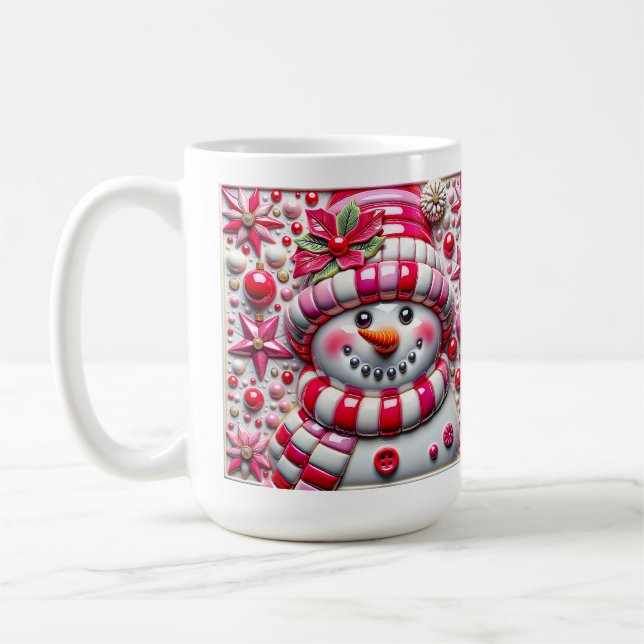 3D Red and Pink Christmas Snowman  Kaffeetasse (Links)