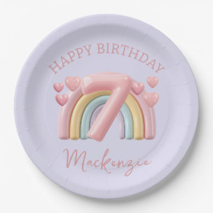 3D Regenbogen 7. Geburtstag Mädchen auf Lila Pappteller
