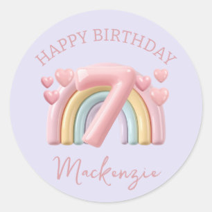 3D Regenbogen 7. Geburtstag Mädchen auf Lila Runder Aufkleber