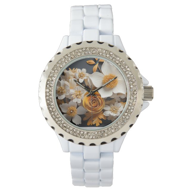 3d Rendering orangefarbener und weißer Blume Armbanduhr (Vorderseite)