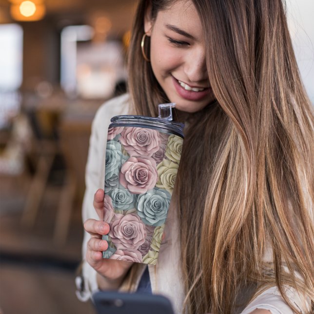 3D Rosa Floral Thermosbecher (3D Pink Floral Thermal Tumbler)