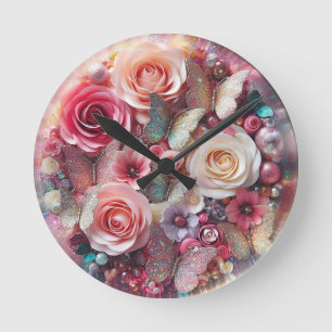 3D-Rose für Abstrakte Glitzer und Schmetterlinge Runde Wanduhr