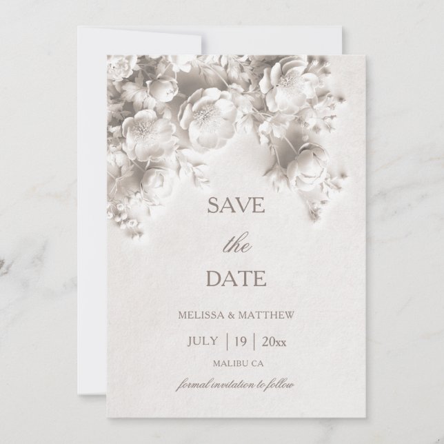 3D Rosen Weiße skulpturierte Blumen Save The Date (Vorderseite)