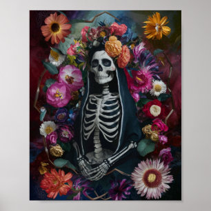 3D Santa Muerte mit farbenfrohen Blumen Poster