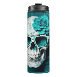 3D-Schädel mit aquamarinem Blumendesign und Sonnen Thermosbecher