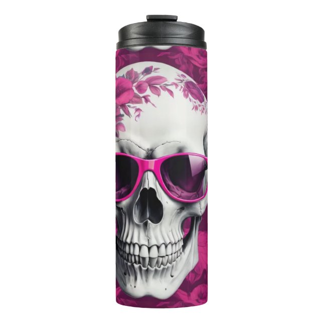 3D Schädel mit Fuchsia Blumendesign & Sonnenbrille Thermosbecher (Vorderseite)