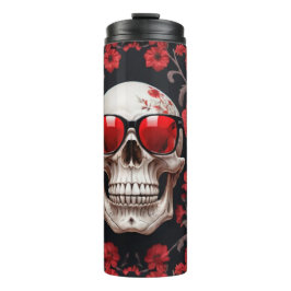 3D-Schädel mit rotem Blumendesign und Sonnenbrille Thermosbecher
