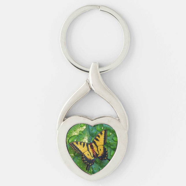 3D-Schmetterling auf grünem Leaf mit Regentropfen Schlüsselanhänger (Vorderseite)
