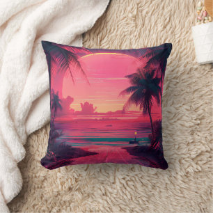 3D Sonnenuntergang am Strand. Retropalmen Kissen