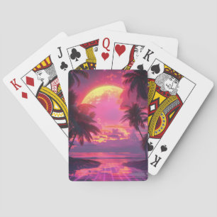 3D Sonnenuntergang am Strand. Retropalmen Spielkarten