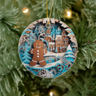3D Style Gingerbread Man, House Christmas Holiday Keramik Ornament
