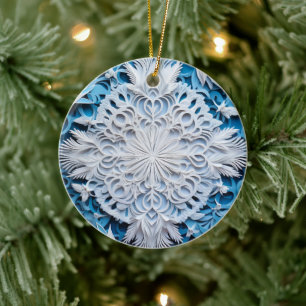 3D Style White & Blue Schneeflocken Weihnachtsfest Keramik Ornament