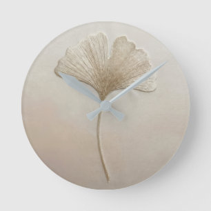 3D Texturierte Stickerei Ginkgoblatt Beige Crem Runde Wanduhr