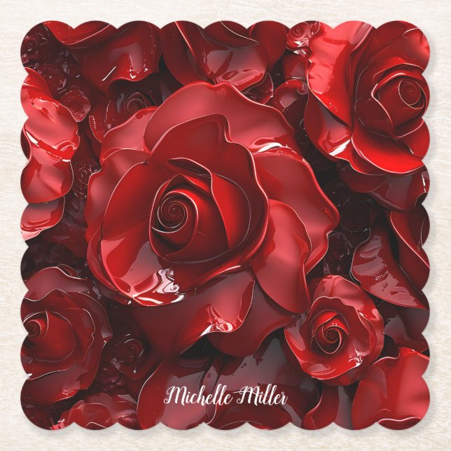 3D Valentine-Rote Rosen Untersetzer (Vorderseite)