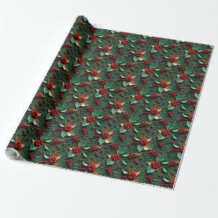 3D Weihnachtslust - Holly Blätter & Berries Geschenkpapier
