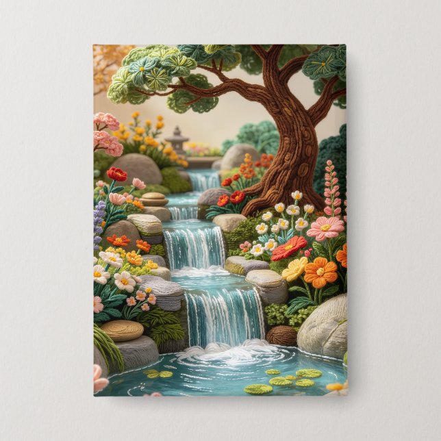 3D Whimsical Forest Wasserfall-Kunstkarte – Bunt  Button (Vorderseite)