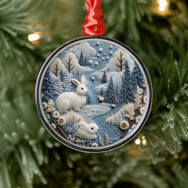 3D White Rabbits Woodland Chirstmas Tier Ornament Aus Metall (Baum)