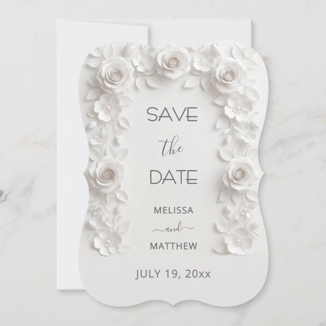 3D White Roses Save The Date Card (Vorderseite)