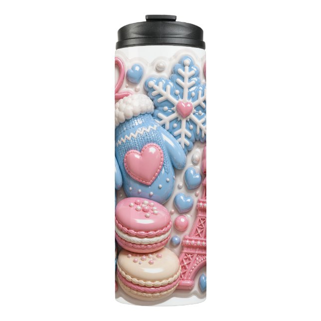 3D Winter Frankreich Eiffelturm Macarons Puffy Thermosbecher (Vorderseite)
