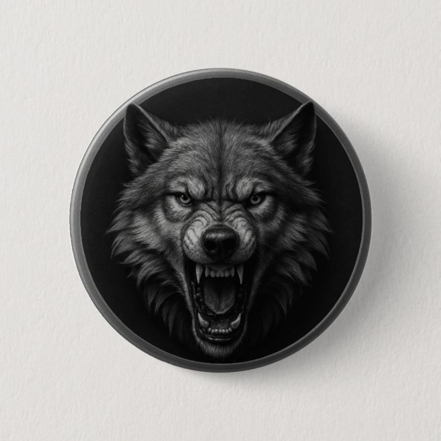 3D-Wolfskopf-Silber-Medaillon-Style-Knopf Button (Vorderseite)