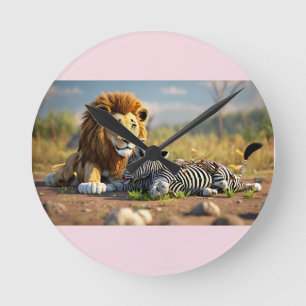 3D-Zeichentrick-Löwe frisst Zebra – wilde Savannah Runde Wanduhr