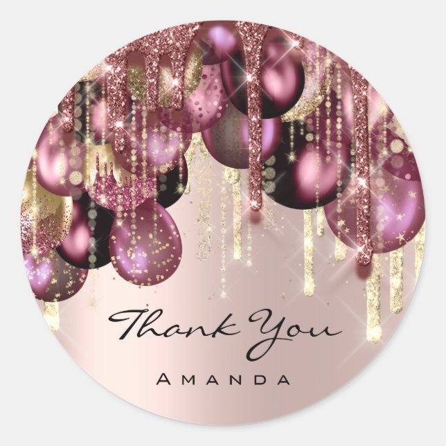 3DGOLD GLITZER BALLONS TROPFEN DANKEN SIE Rose Runder Aufkleber (Vorderseite)