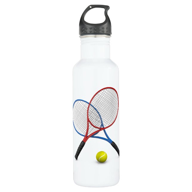 3Drote und blaue Tennisschläger mit Tennisball. Edelstahlflasche (Vorderseite)
