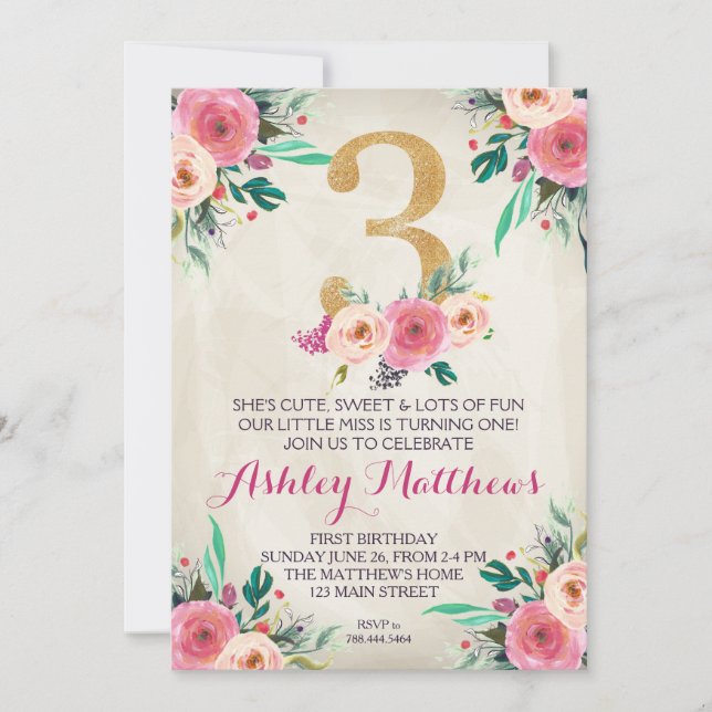 3e anniversaire 3e belle Invitation florale, (Devant)