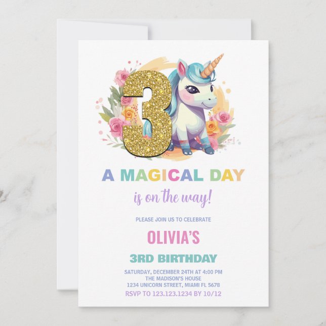 3e anniversaire Unicorn Anniversaire Invitations (Devant)