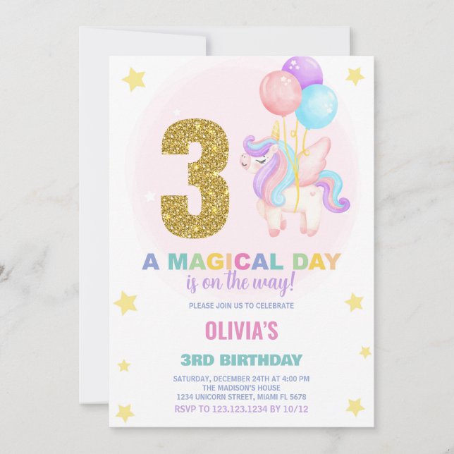 3e anniversaire Unicorn Anniversaire Invitations (Devant)