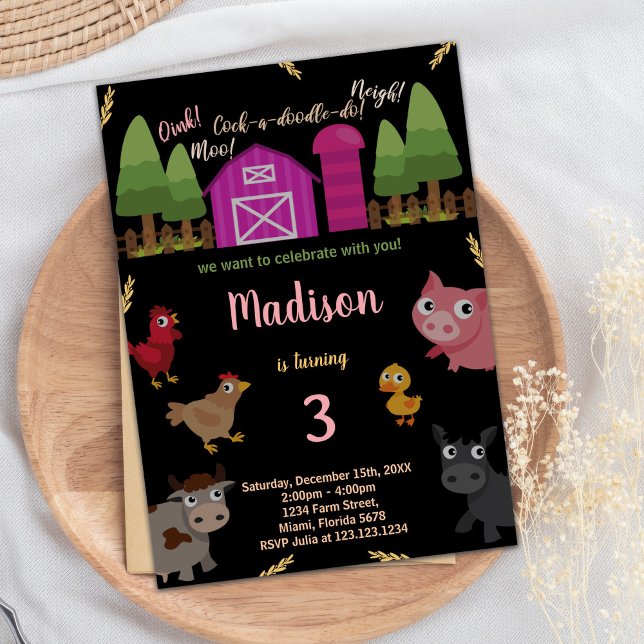 3e Black Red Farm Animaux Invitations d'anniversai (3rd Black Red Farm Animals Birthday Invitations)