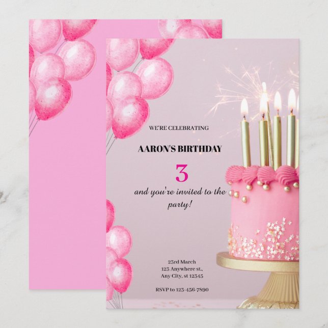 3e Invitation d'anniversaire - Pièce mignonne et p (Devant / Derrière)