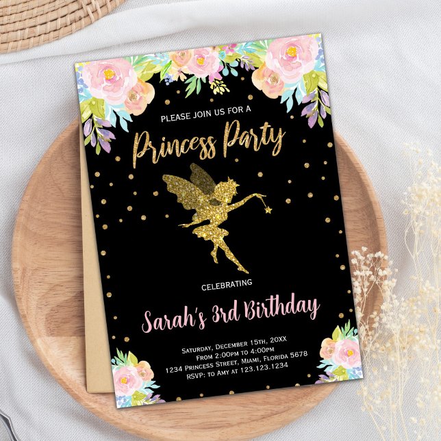 3ème Black Floral Princess Invitation Anniversaire (3rd Black Floral Princess Birthday Invitation)