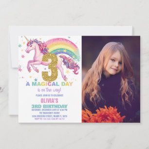 3ème Unicorn Invitations d'anniversaire avec photo