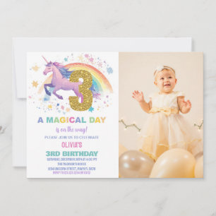 3ème Unicorn Invitations d'anniversaire avec photo