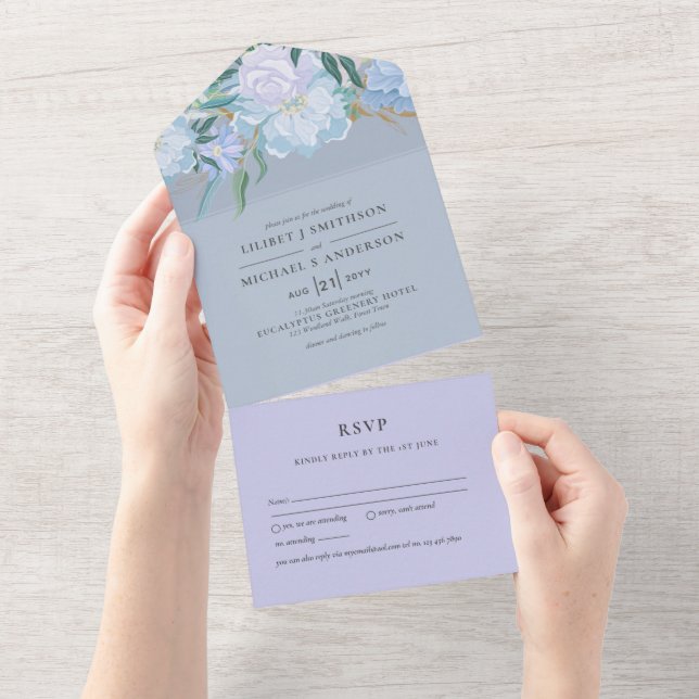 3in1 Dusty Blue Lavender Floral Wedding RSVP All In One Einladung (Abreißen)